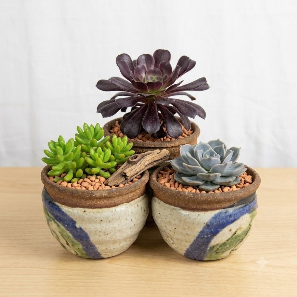 Set of 3 Studio Pottery Tea Bowls Sake Cups Hand Painted Blue Green Abstract